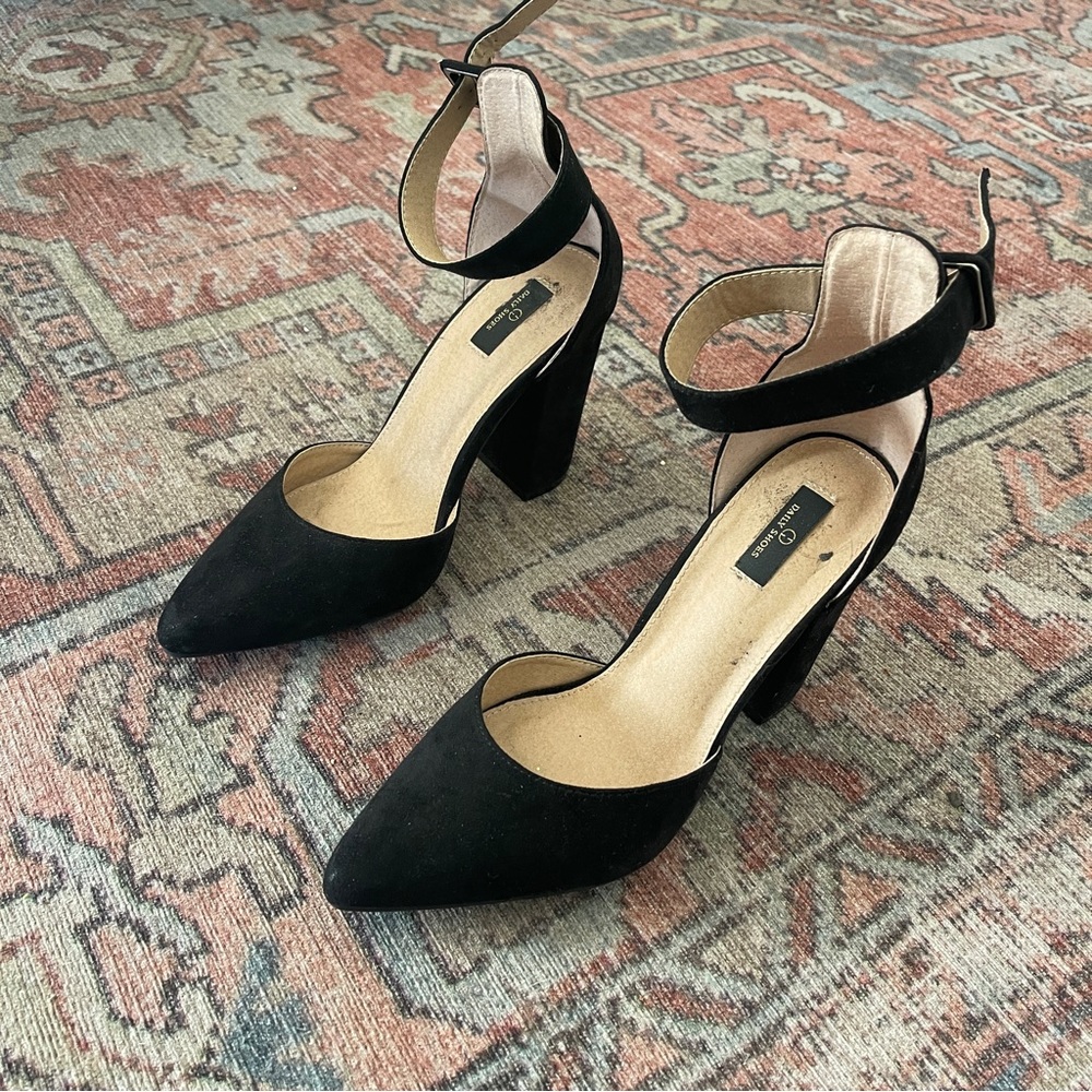 Black block heels with strap, size 9